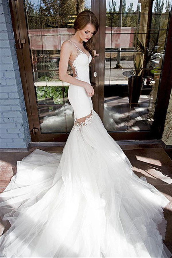 Backless Mermaid Wedding Dresses | Spaghetti Straps Appliques Bridal Dresses-newarrivaldress