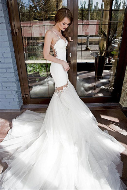 Backless Mermaid Wedding Dresses | Spaghetti Straps Appliques Bridal Dresses-newarrivaldress