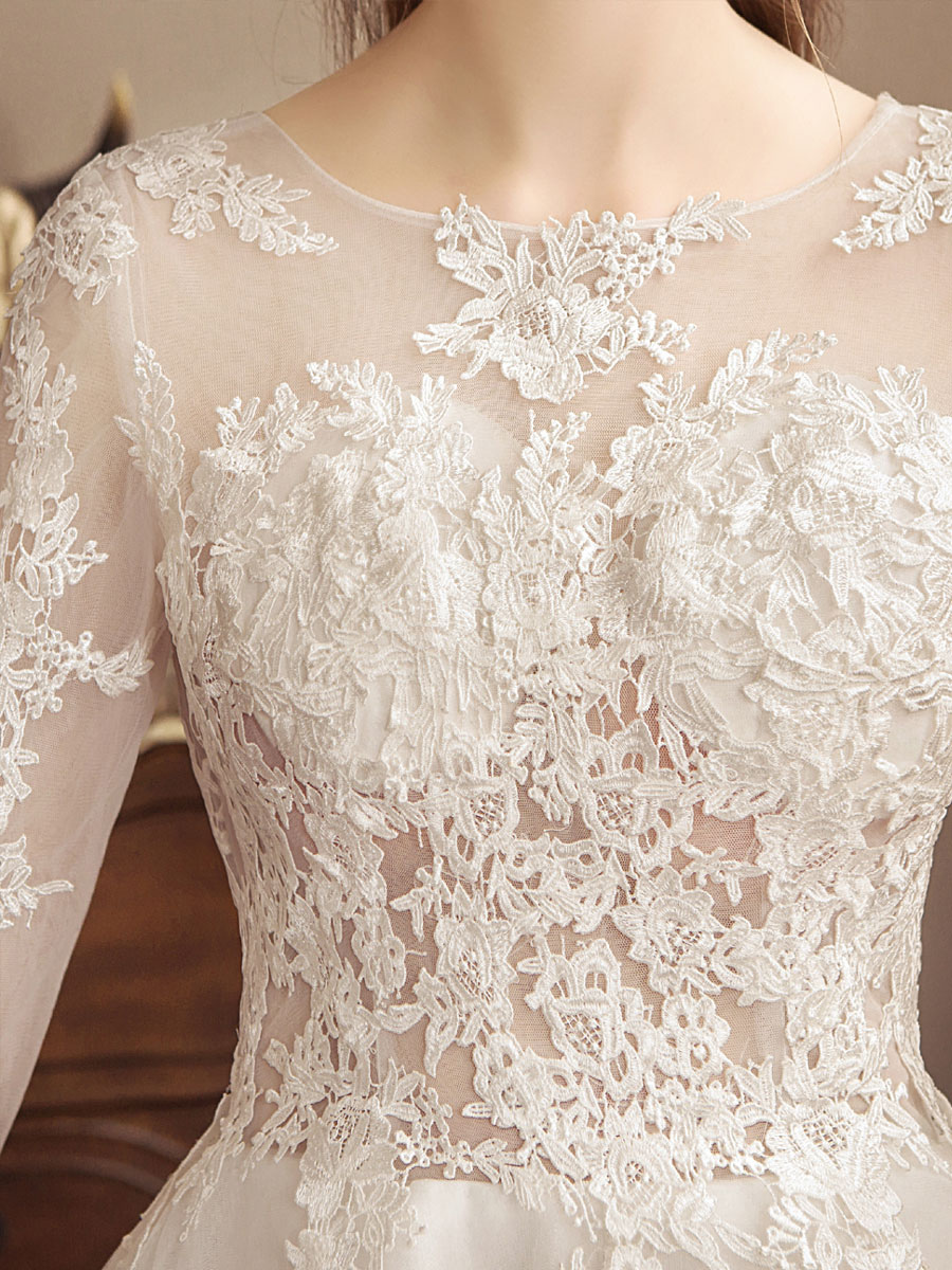 Ivory Wedding Dresses Lace Applique Jewel Neck 3/4 Length Sleeve Princess Bridal Gown With Train-newarrivaldress