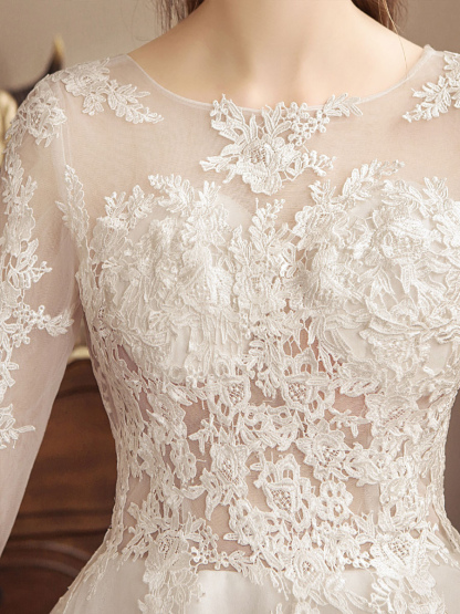 Ivory Wedding Dresses Lace Applique Jewel Neck 3/4 Length Sleeve Princess Bridal Gown With Train-newarrivaldress