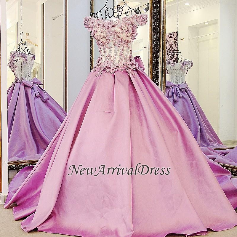 Beaded Puffy Off The Shoulder Pink Flowers Appliques Bows Long Prom Dresses-newarrivaldress