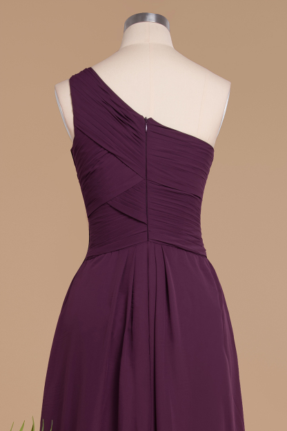 Elegant Ruched Chiffon One Shoulder Bridesmaid Dress Long Sleeveless Evening Dress