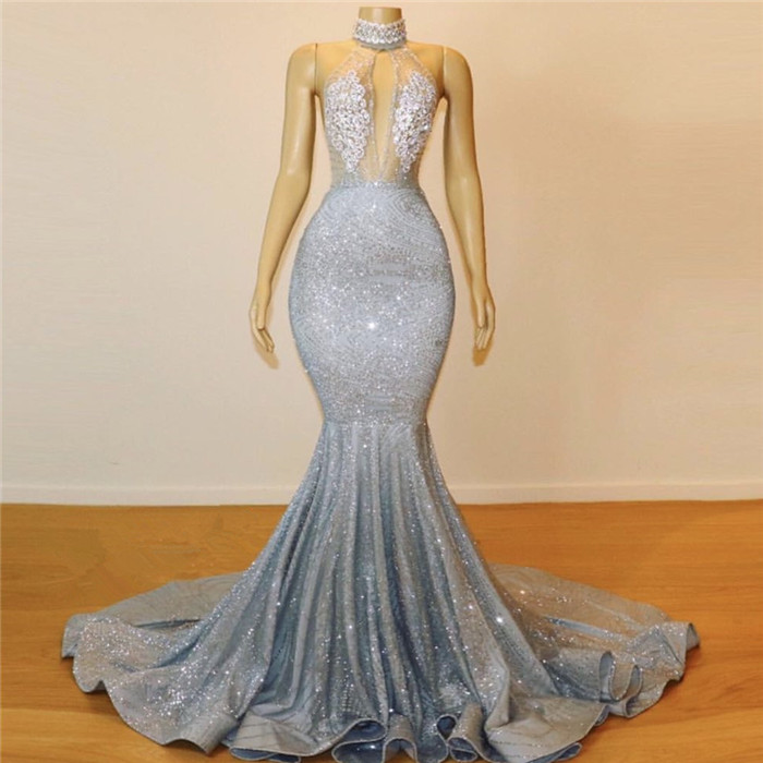 Silver Beads Sequins Mermaid Halter Sleeveless Floor Length Sexy Prom Dresses-newarrivaldress