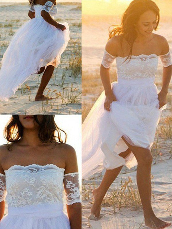 Sleeveless A-Line Floor Length Bridal Gowns| Sexy Off The Shoulder Lace Chiffon Wedding Dresses