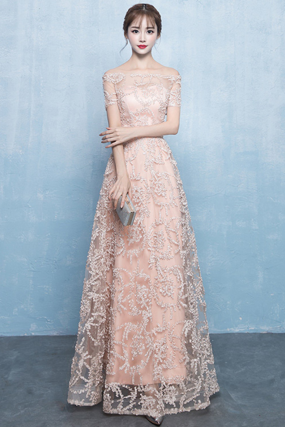 A-line Off-the-shoulder Short Sleeves Long Beading Appliques Prom/Formal Evening Dresses-newarrivaldress