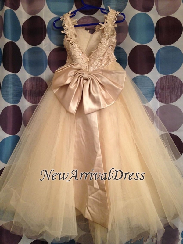 Lace Cute Flower Bowknot Backless Tulle White Girl Dresses-newarrivaldress