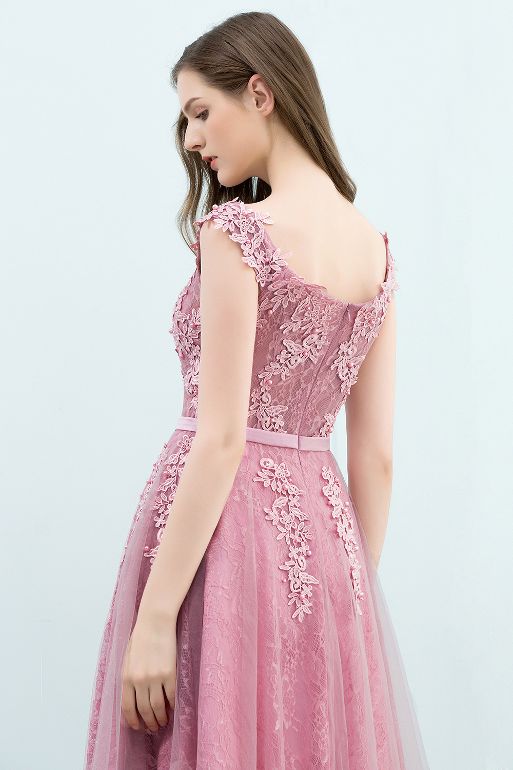 WILMA | Ball Gown Illusion Neckline Tea Length Lace Tulle Dusty Pink Prom Dresses with Beading-newarrivaldress
