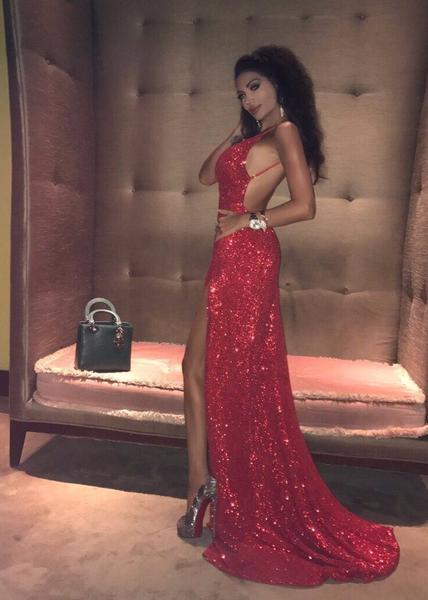 Sexy Red Sequin Prom Dresses | Halter Neck Backless High Slit Party Dresses-newarrivaldress