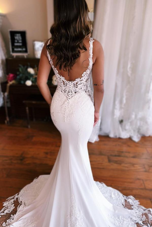 Gorgeous Sleeveless Mermaid Wedding Dress V-Neck Floral Lace Bridal Gown-newarrivaldress