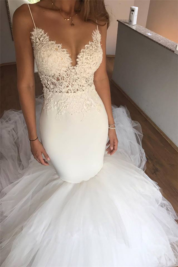 Mermaid Lace Wedding Dresses | V-neck Straps Open Back Bridal Dresses with Tulle Train-newarrivaldress