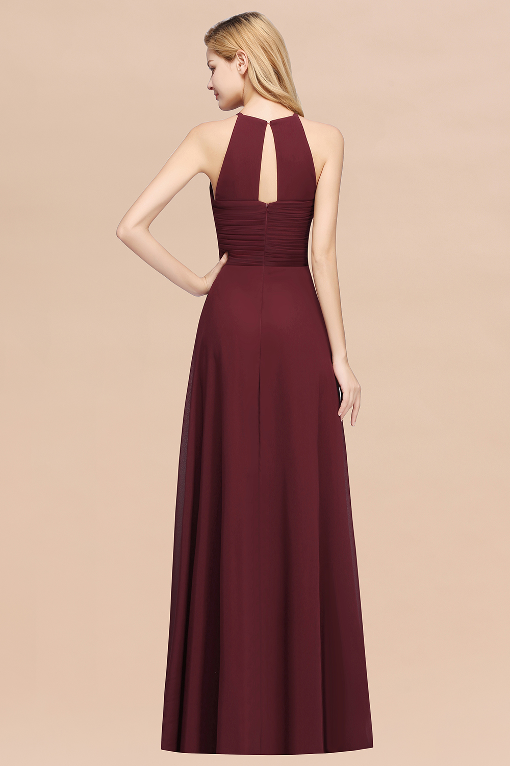 Halter Pleated Bridesmaid Dress Chiffon Sleeveless Floor Length Wedding Guest Dress-newarrivaldress