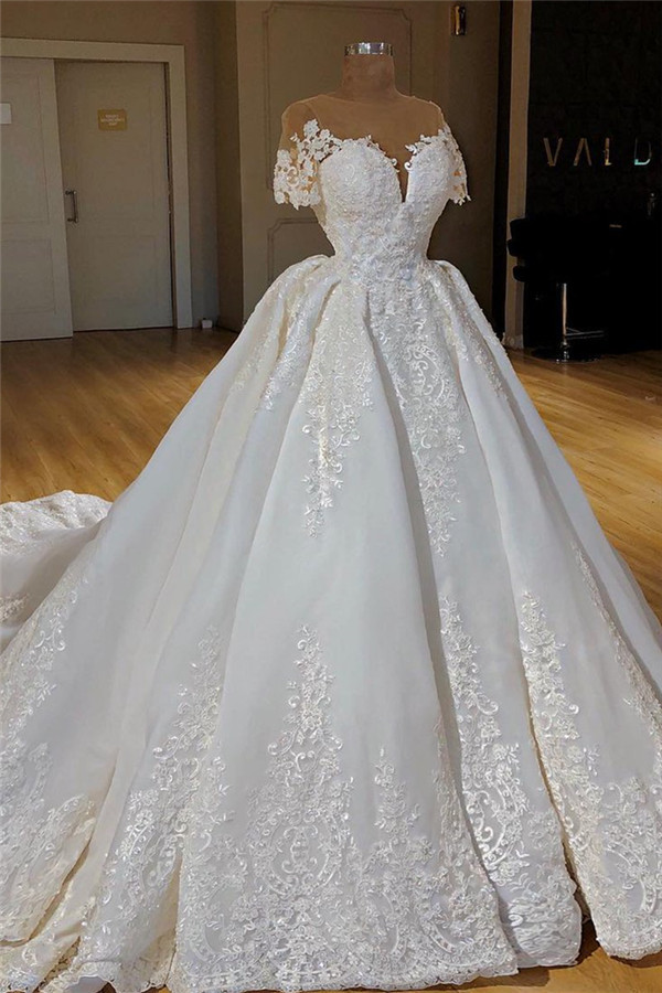 Short Sleeves Lace Appliques Wedding Dresses 2021 | Ball Gown Chapel Train Princess Bridal Gowns-newarrivaldress
