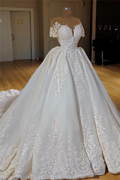Short Sleeves Lace Appliques Wedding Dresses 2021 | Ball Gown Chapel Train Princess Bridal Gowns-newarrivaldress