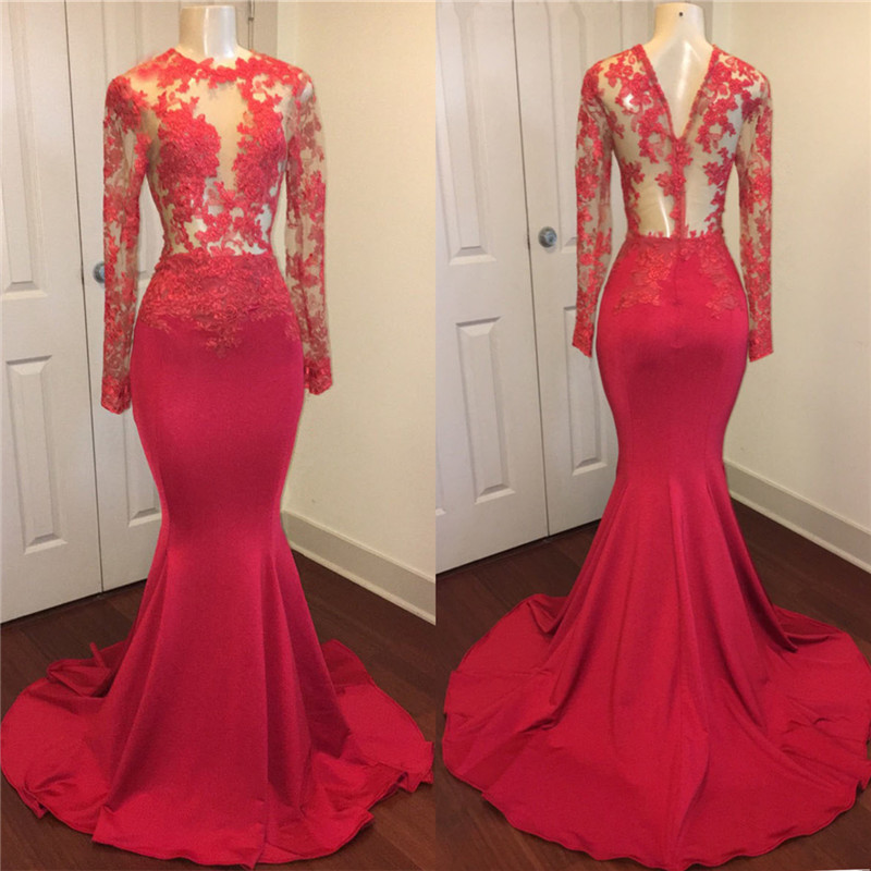 Red Lace Appliques Mermaid Prom Dresses with Sleeves on Mannequins-newarrivaldress