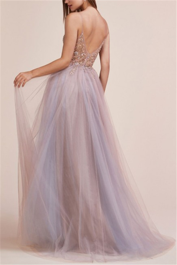 Glamorous Spaghetti-Straps Appliques Side-Slit Prom Dresses-newarrivaldress