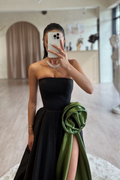 Chic Black Strapless Satin Long Evening Dress Front Split Party Wear Dress-newarrivaldress