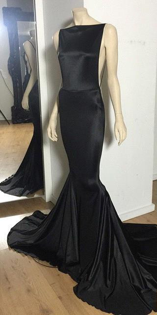 Long Prom Dresses Black Open Back Bateau Neck Spaghettis Court Train Mermaid Evening Gowns-newarrivaldress