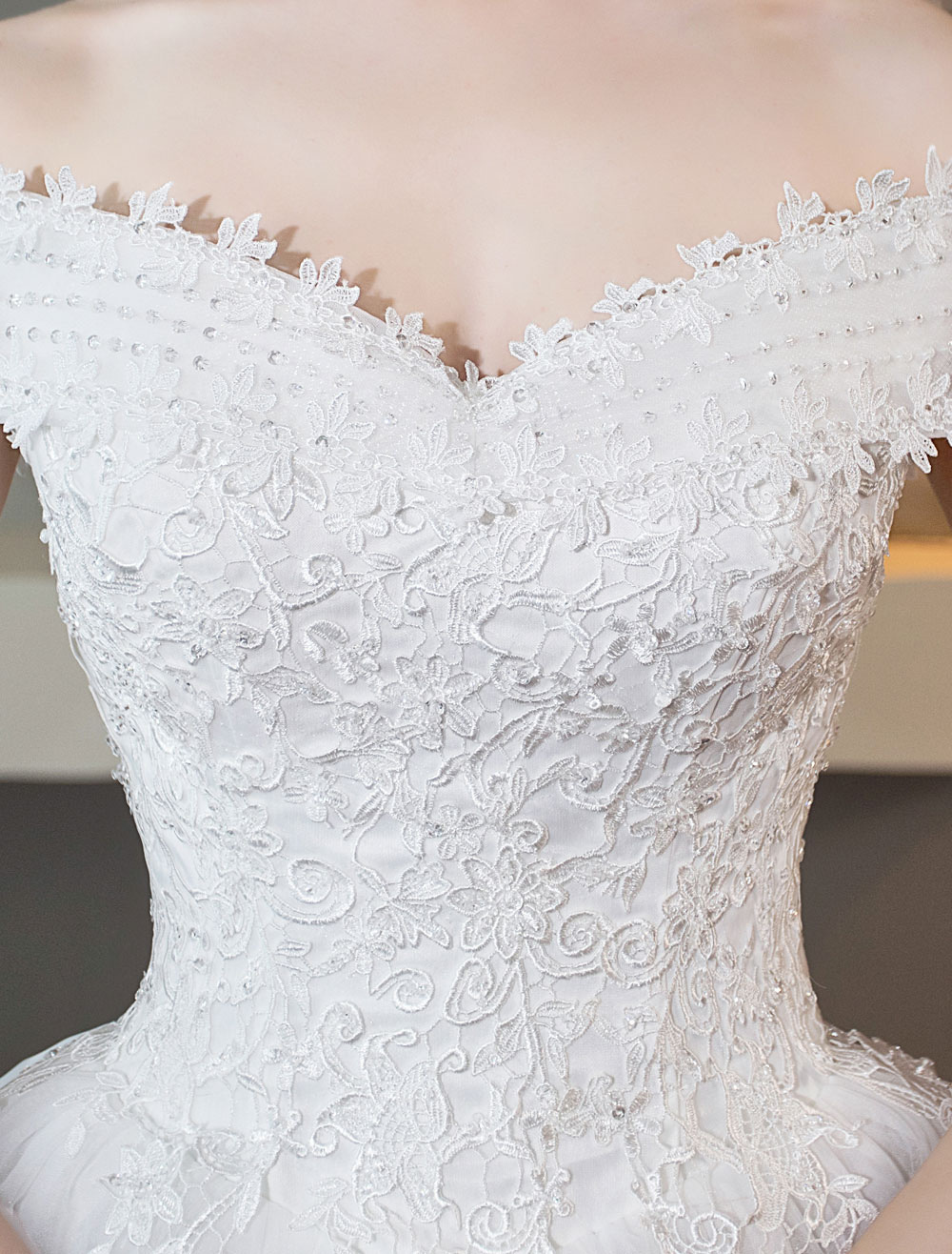 Ivory Wedding Dresses Off The Shoulder Lace Beading Cathedral Train Bridal Dress-newarrivaldress