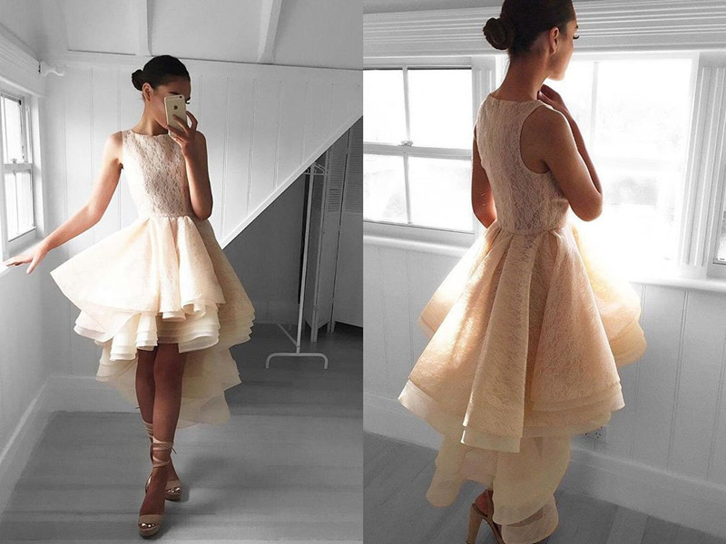 Cute Hi-Lo A-line Lace Sleeveless Jewel Ruffles Prom Dress-newarrivaldress