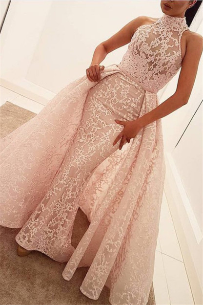 Popular Sheath Unique Overskirt Sleeveless High-Neck Lace Illusion Puffy Prom Dress BA6173-newarrivaldress