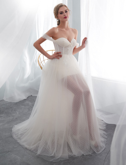 Wedding Dresses Tulle Ivory Off The Shoulder Sweetheart Beach Bridal Dress With Train-newarrivaldress