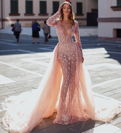 Glamorous Pink Mermaid Deep V-Neck Long Sleeves Crystal Prom Dresses With Detachable Skirt-newarrivaldress
