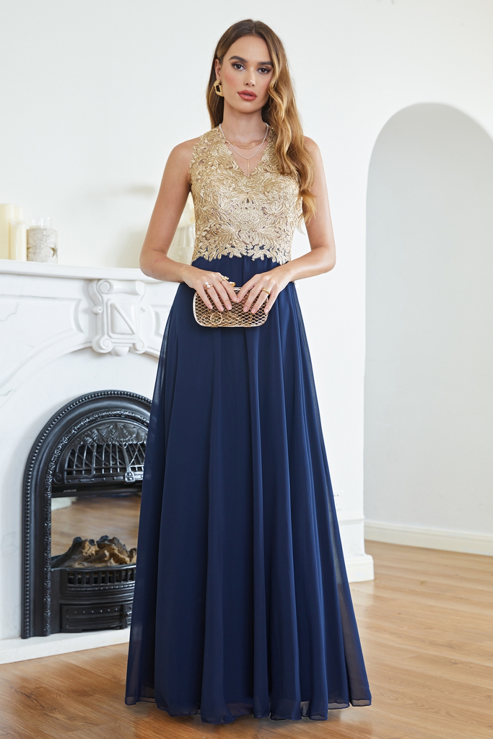 Elegant Aline Chiffon Long Evening Dress Sleeveless Gold Appliques Wedding Party Dress-newarrivaldress