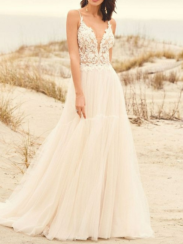 Stylish Spaghetti Straps Floral Lace Aline Simple Wedding Dress-newarrivaldress