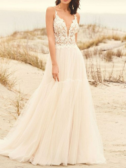 Stylish Spaghetti Straps Floral Lace Aline Simple Wedding Dress-newarrivaldress