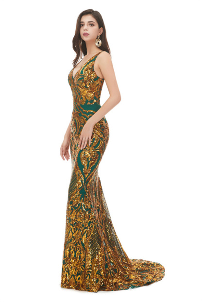 Gorgeous V-Neck Sequins Mermaid Prom Dress Sleeveless Long Evening Dress-newarrivaldress