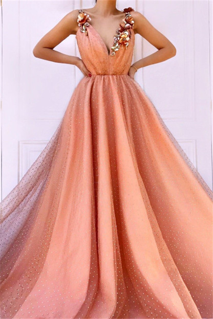 Orange Flower Appliques Straps Sleeveless Tulle Prom Dress-newarrivaldress
