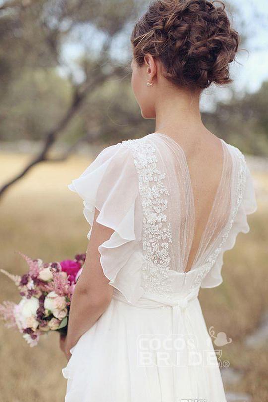 V Neck Chiffon Boho Unique Cap Sleeves Beach Wedding Dress-newarrivaldress