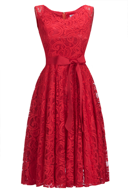 Simple Sleeveless A-line Red Lace Dresses with Ribbon Bow-newarrivaldress