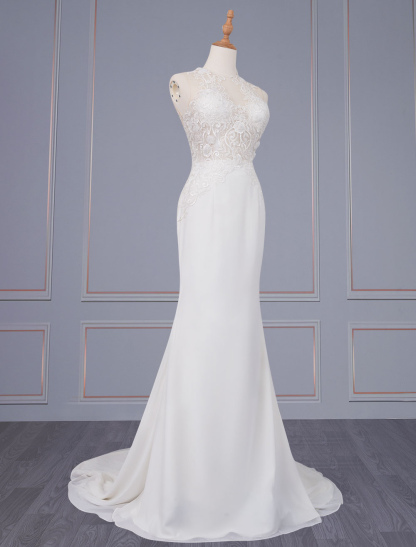 Ivory Wedding Dress Sleeveless Backless Natural Waist Lace Polyester With Train Long Bridal Dresses-newarrivaldress