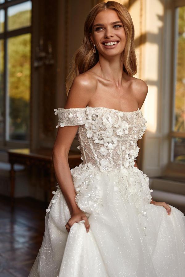 Amazing Off-the-Shoulder Glitter Church Wedding Dress 3D Flower Lace-up Design-newarrivaldress