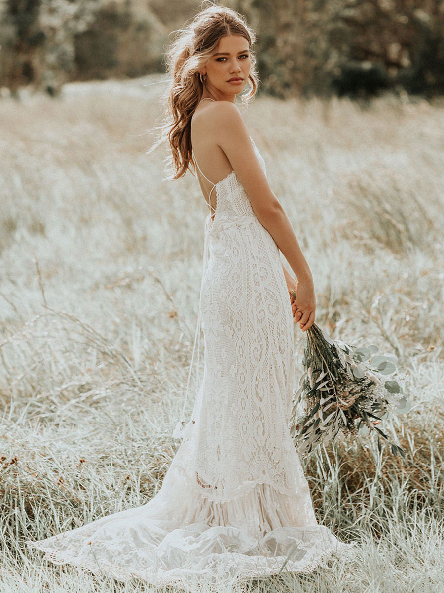 Boho Wedding Dress 2021 Lace A Line Halter Sleeveless Floor Length Bridal Gown With Train-newarrivaldress