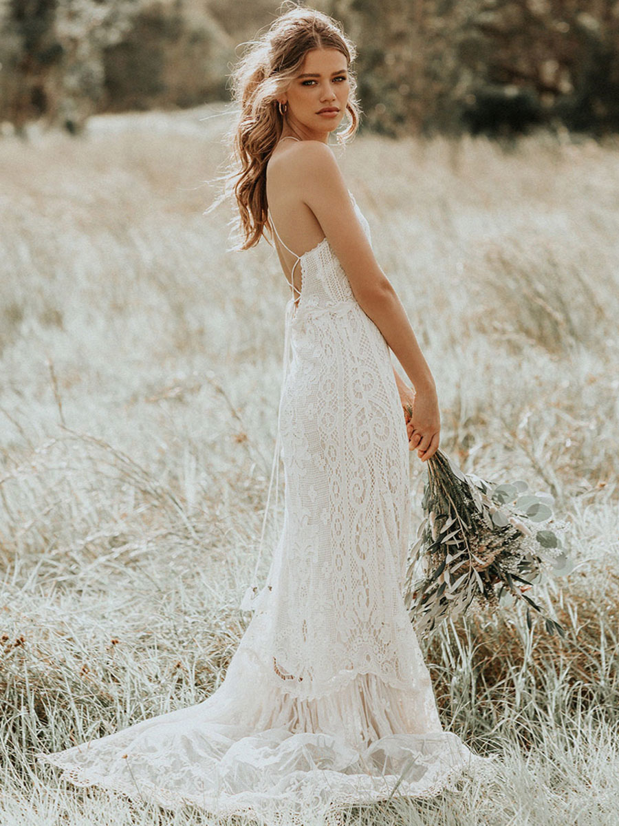 Boho Wedding Dress 2021 Lace A Line Halter Sleeveless Floor Length Bridal Gown With Train-newarrivaldress