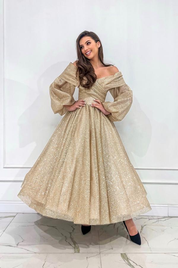 Off Shoulder Long Sleeves Tea Length Evening Dress Glitter Aline Formal Dress-newarrivaldress