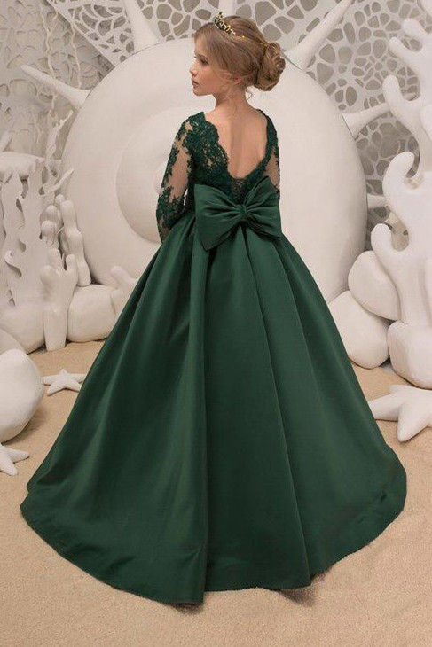 Satin Dark Green Jewel Lace Flower Girl Dresses With Bow| Long Sleeves Floor Length Girl Party Dresses-newarrivaldress