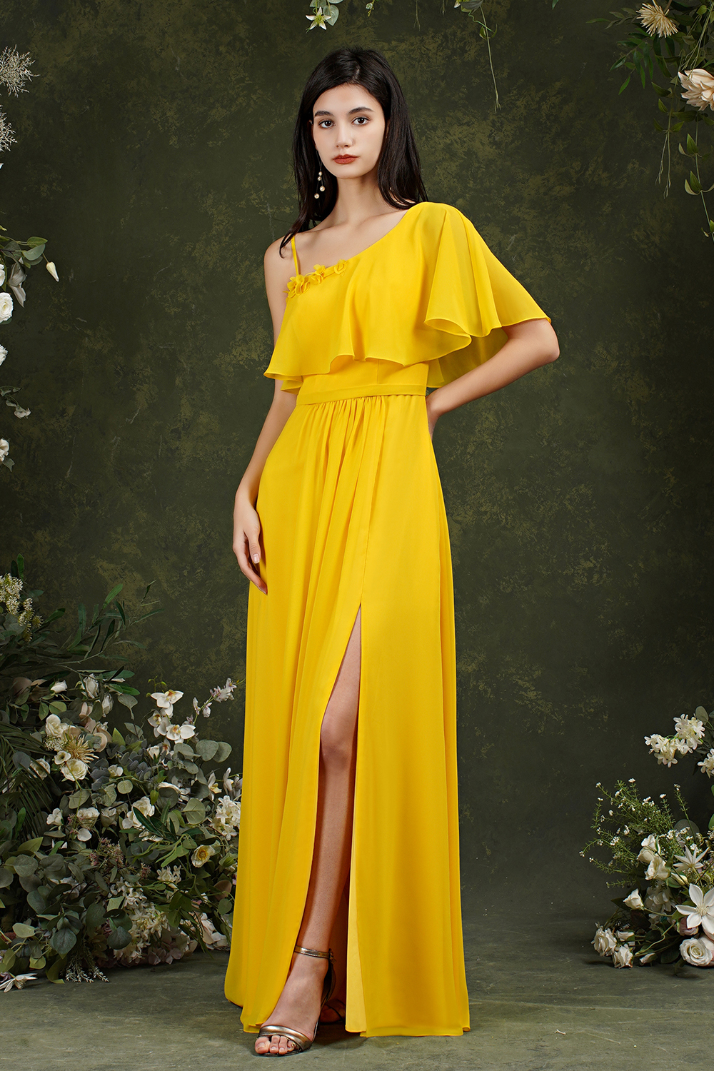 Yellow One Shoulder Chiffon Bridesmaid Dress Side Slit Long Evening Dress-newarrivaldress