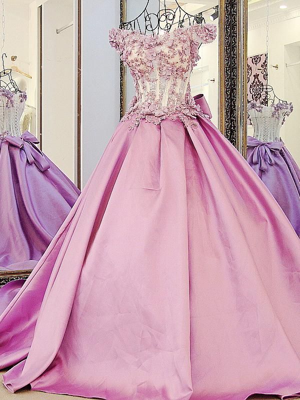 Beaded Puffy Off The Shoulder Pink Flowers Appliques Bows Long Prom Dresses-newarrivaldress