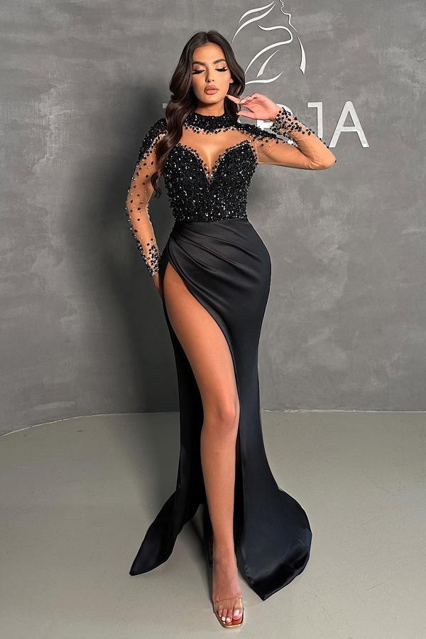 Chic Long Sleeves Black Long Mermaid Prom Dress Beadings High Neck Satin Evening Dress with Side Slit-newarrivaldress