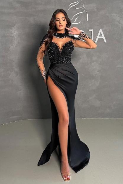 Chic Long Sleeves Black Long Mermaid Prom Dress Beadings High Neck Satin Evening Dress with Side Slit-newarrivaldress
