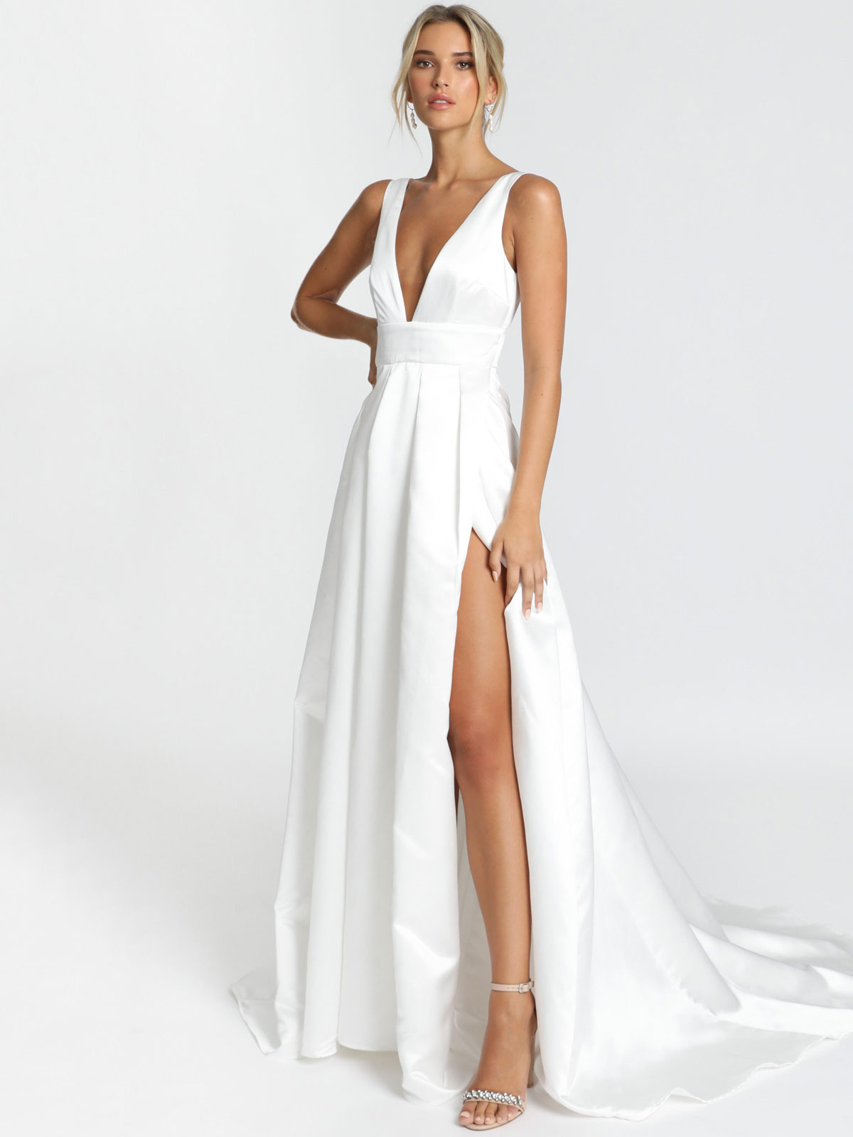 White Simple Wedding Dress Satin Fabric V-Neck Sleeveless Backless A-Line Bridal Dresses-newarrivaldress