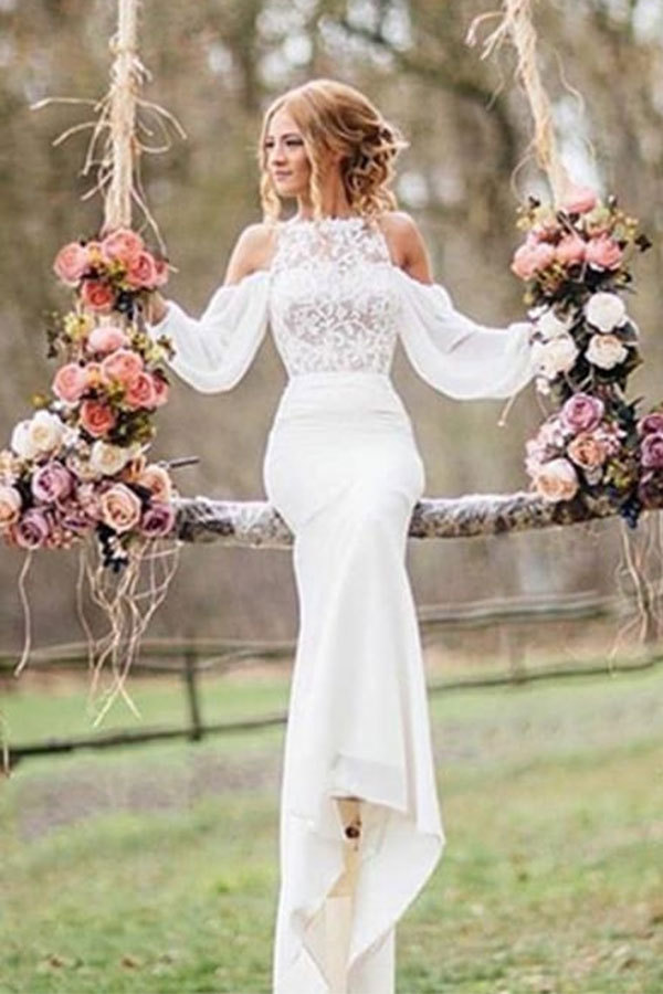Chiffon Mermaid Elegant Long Sleeve Online Lace Appliques Wedding Dresses-newarrivaldress