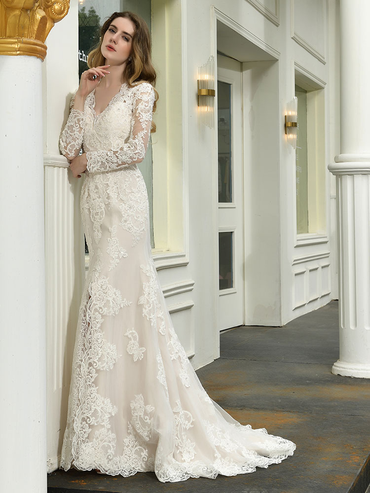 Boho Wedding Dress V Neck Sleeveless Natural Waist Lace Bridal Gowns With Train-newarrivaldress