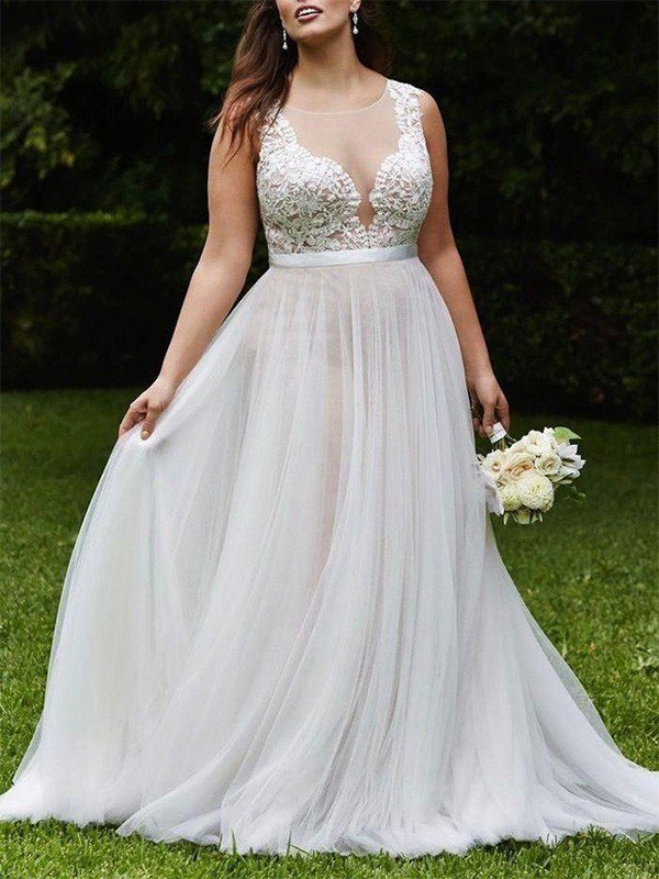 Sleeveless Sexy Court Train Lace Bridal Gowns | Sexy Tulle Scoop Wedding Dresses-newarrivaldress