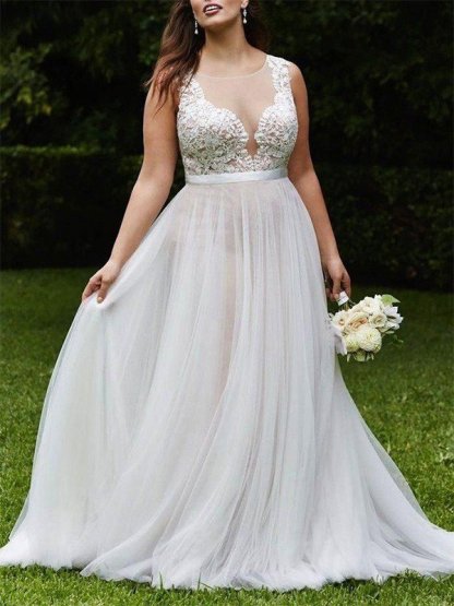 Sleeveless Sexy Court Train Lace Bridal Gowns | Sexy Tulle Scoop Wedding Dresses-newarrivaldress