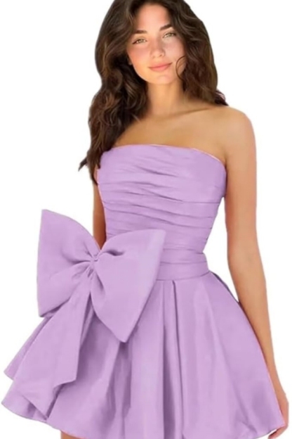 Simple Strapless Ruffle Satin Short Homecoming Dress Sleeveless Mini Party Dress with Bow-newarrivaldress