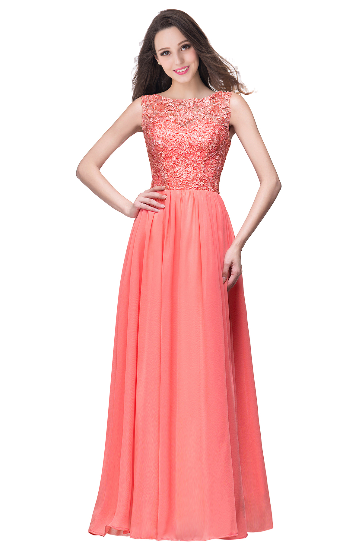 ELYSE | A-line Sleeveless Crew Floor-length Lace Top Chiffon Prom Dresses-newarrivaldress